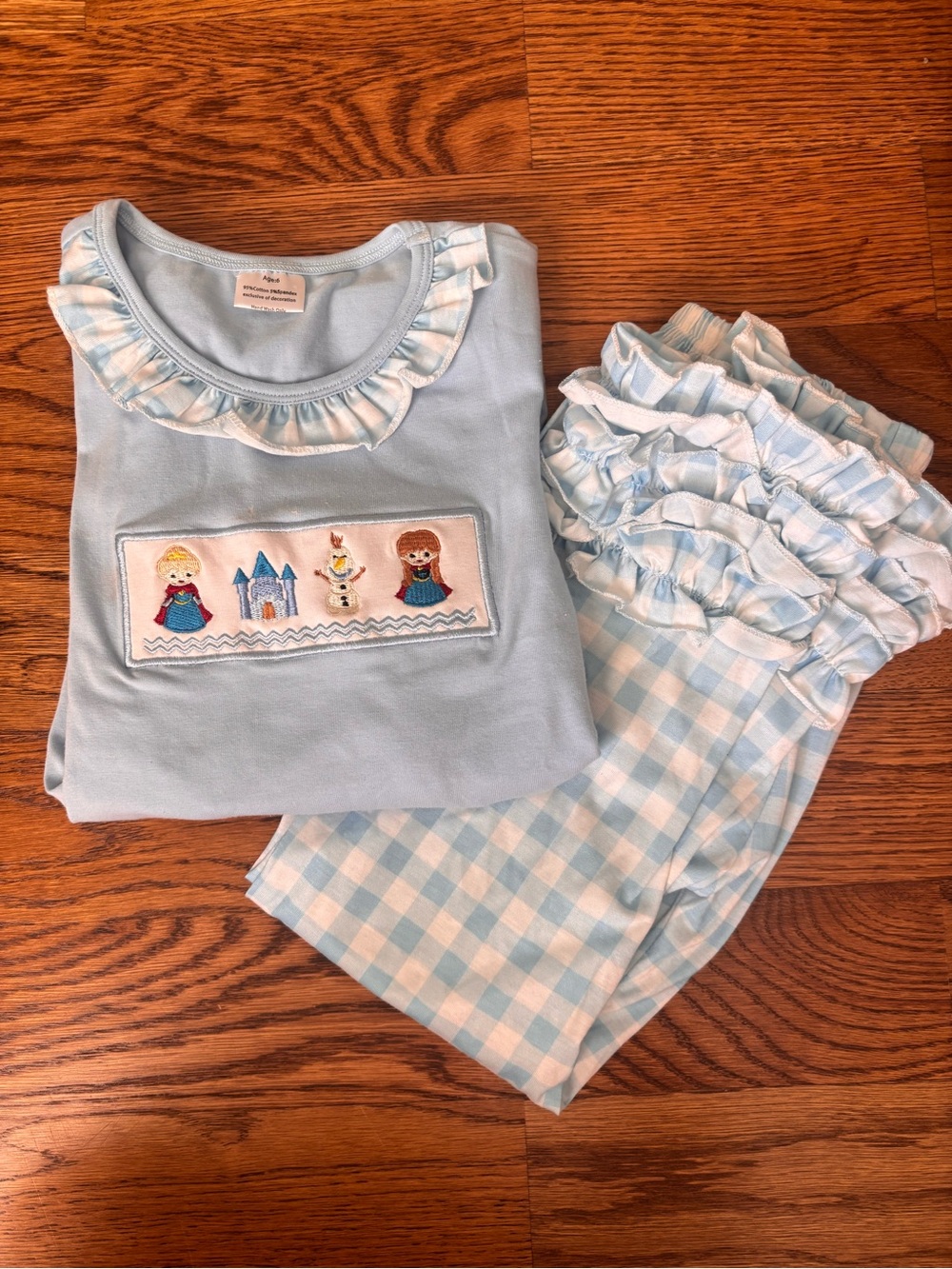 Light Blue Girls' Ruffle Pant Bottom Set with Embroidered Castle Motif